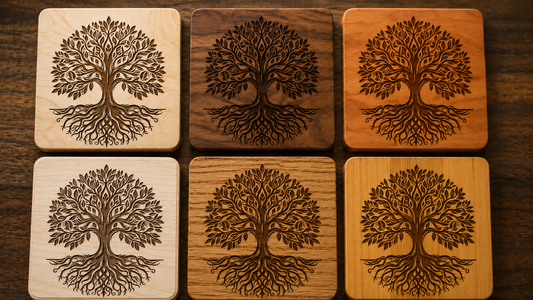 Six different pieces of wood engraves with the same artwork
