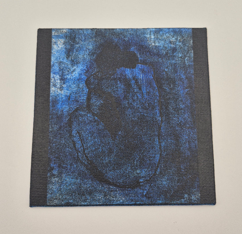 A square canvas featuring a textured blue and black design of Picasso's 'Blue Nude', displayed against a plain off-white background.