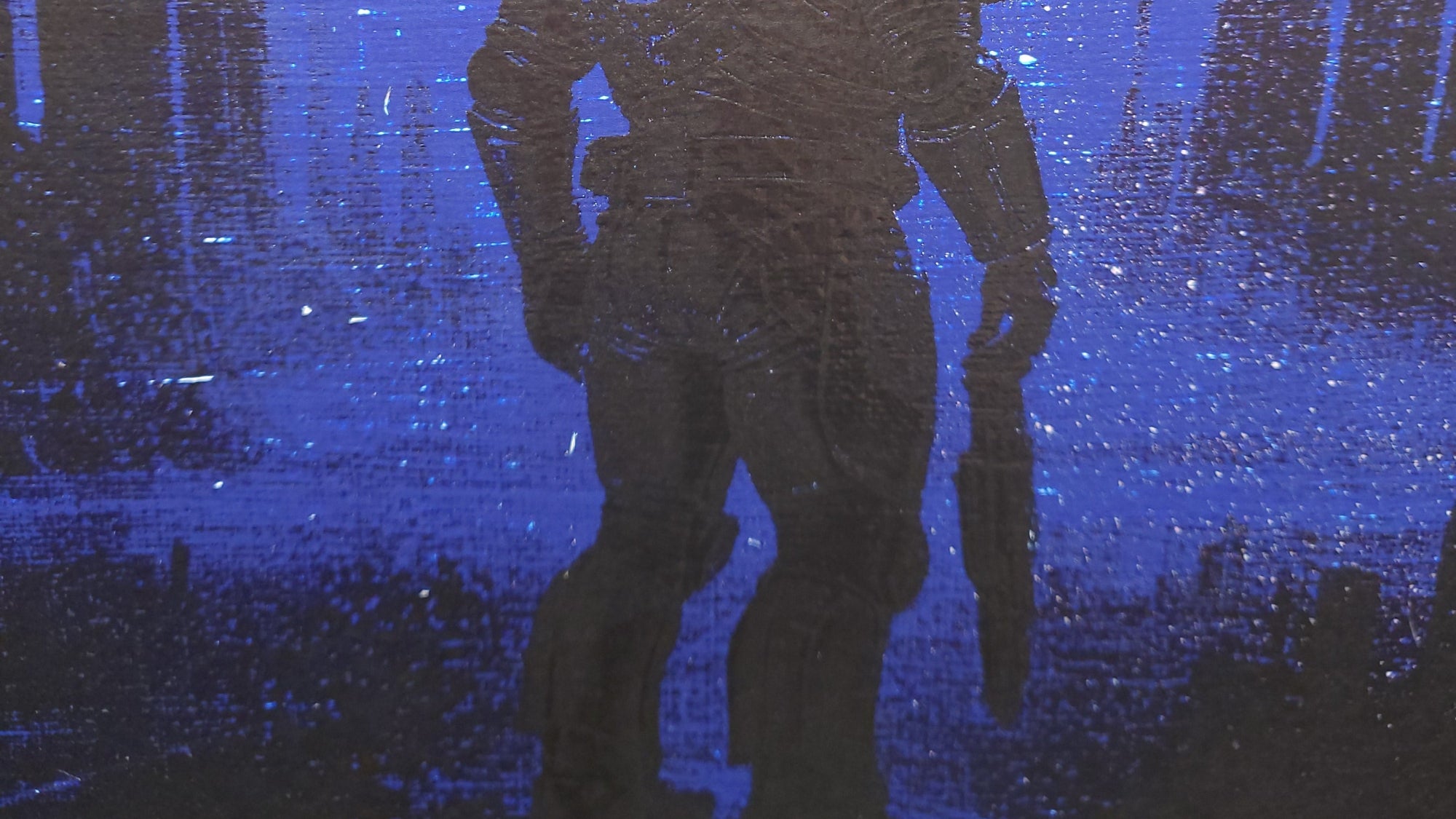 A square art print or poster featuring a sci-fi armored soldier standing in a blue-toned alien landscape under a large moon, with a dark textured border around the artwork.