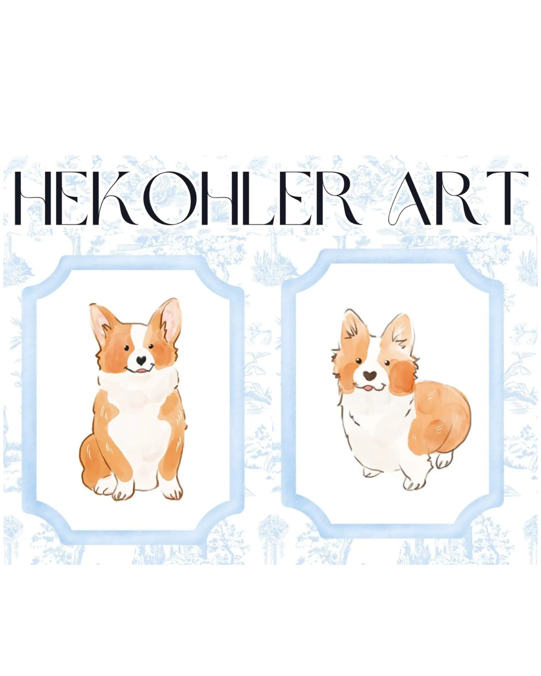 Two corgi illustrations with 'HEKOHLER ART' branding on a white background.