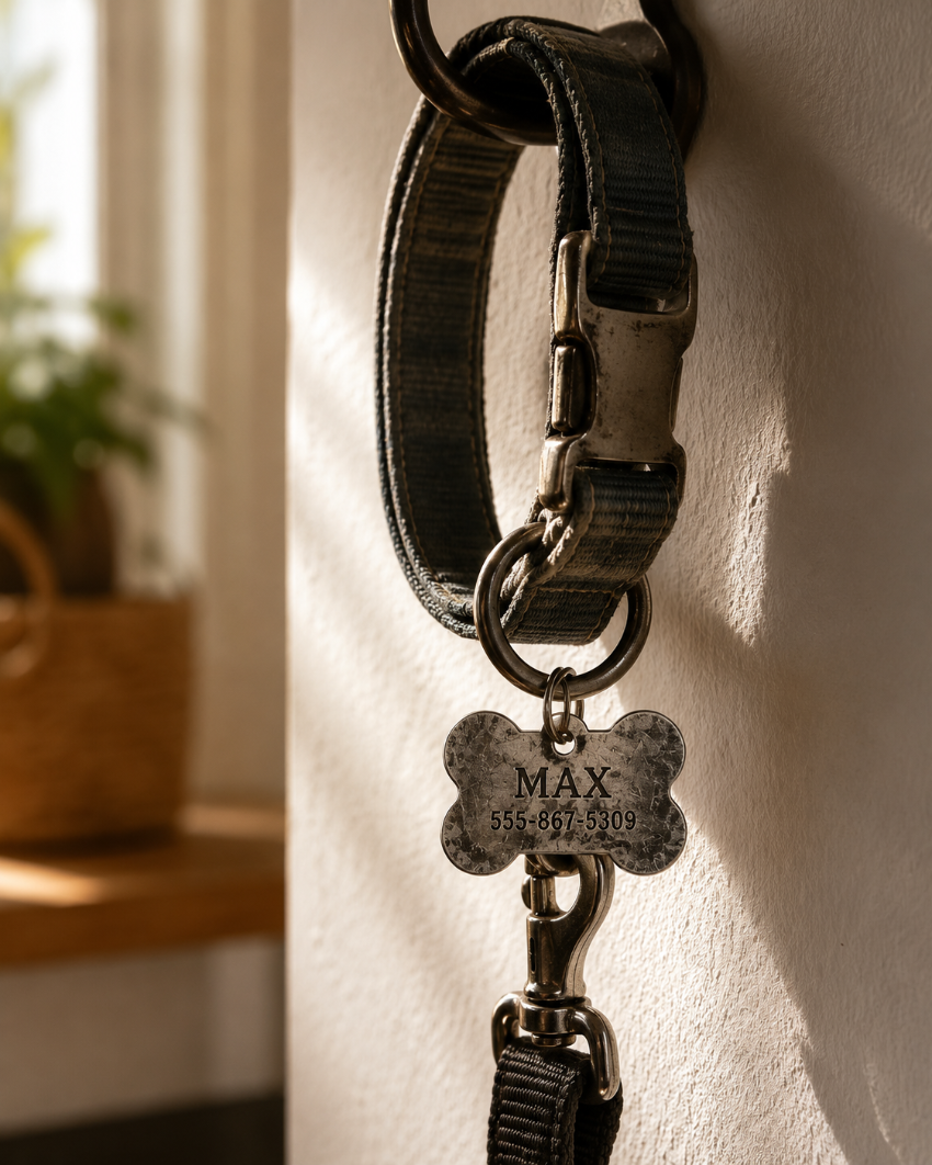 Worn out dog tag, that is still easily read due the quality laser engraving, is attached to a collar and leash and hangs off a hook, waiting for the next walk.